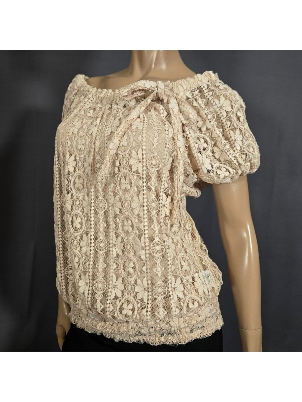 Y2K Beige Lace Blouson Top With Bow Tie Puff Sleeves Size S Fairy Cottagecore